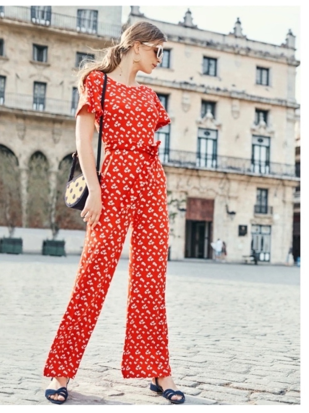 Boden Red Floral Jumpsuit Camille Ponte Knit Flutter Sleeve Tie Waist V-Back